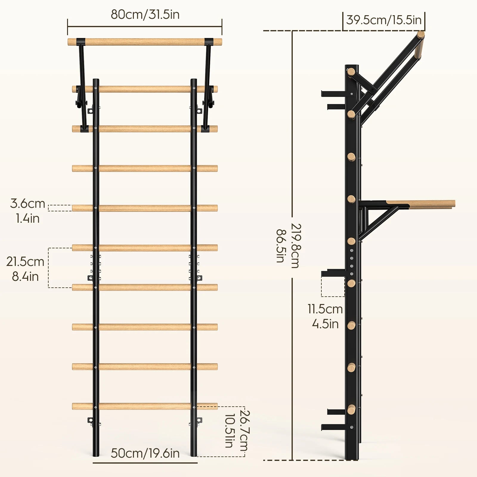 Wall-Mounted Climbing Frame with Pull-up and Dip Bars – 86.6-Inch Indoor Climbing Rack, Wall-Mountable – Adult Wooden Climbing W
