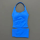 2 Pic Histello Sports Set Women Neck Halter Shockproof Longline Strappy Top Workout Scrunch Shorts Sets Fitness Clothes Gym Suit