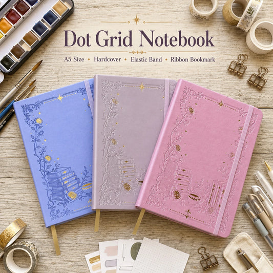 BUKE A5 Dot Grid Notebook PU Leather Cover Hardcover Floral Embossed Tea Cup Books Elegant Handwriting Journal
