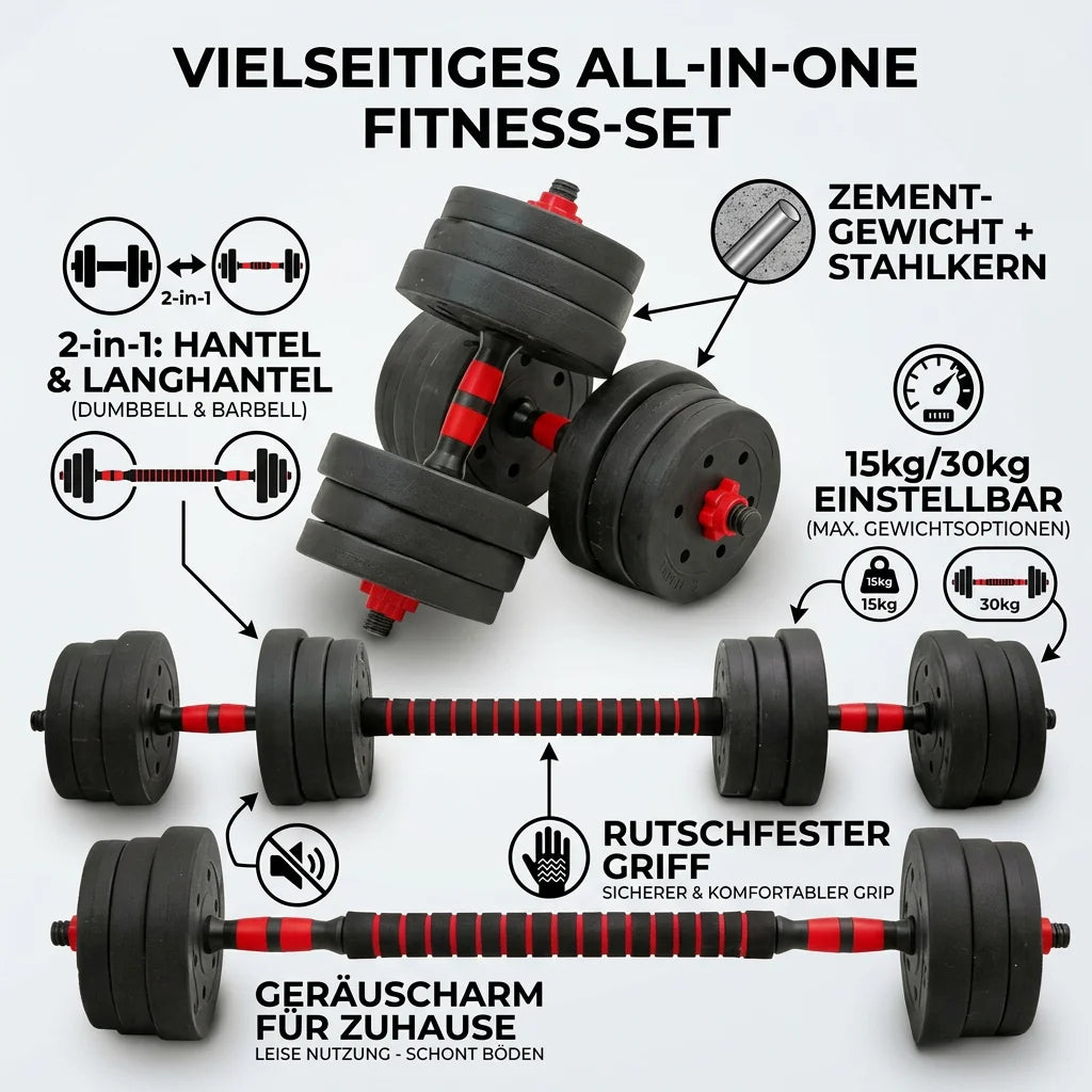 2-In-1 Dumbbells, Dumbbell Set with Connecting Steel Pipe, 15Kg, 30Kg, Tinted Black, Adjustable, Suitable for Balcony, Living Room, Fitness Studio, Equipment for Women And Men.