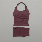 2 Pic Histello Sports Set Women Neck Halter Shockproof Longline Strappy Top Workout Scrunch Shorts Sets Fitness Clothes Gym Suit