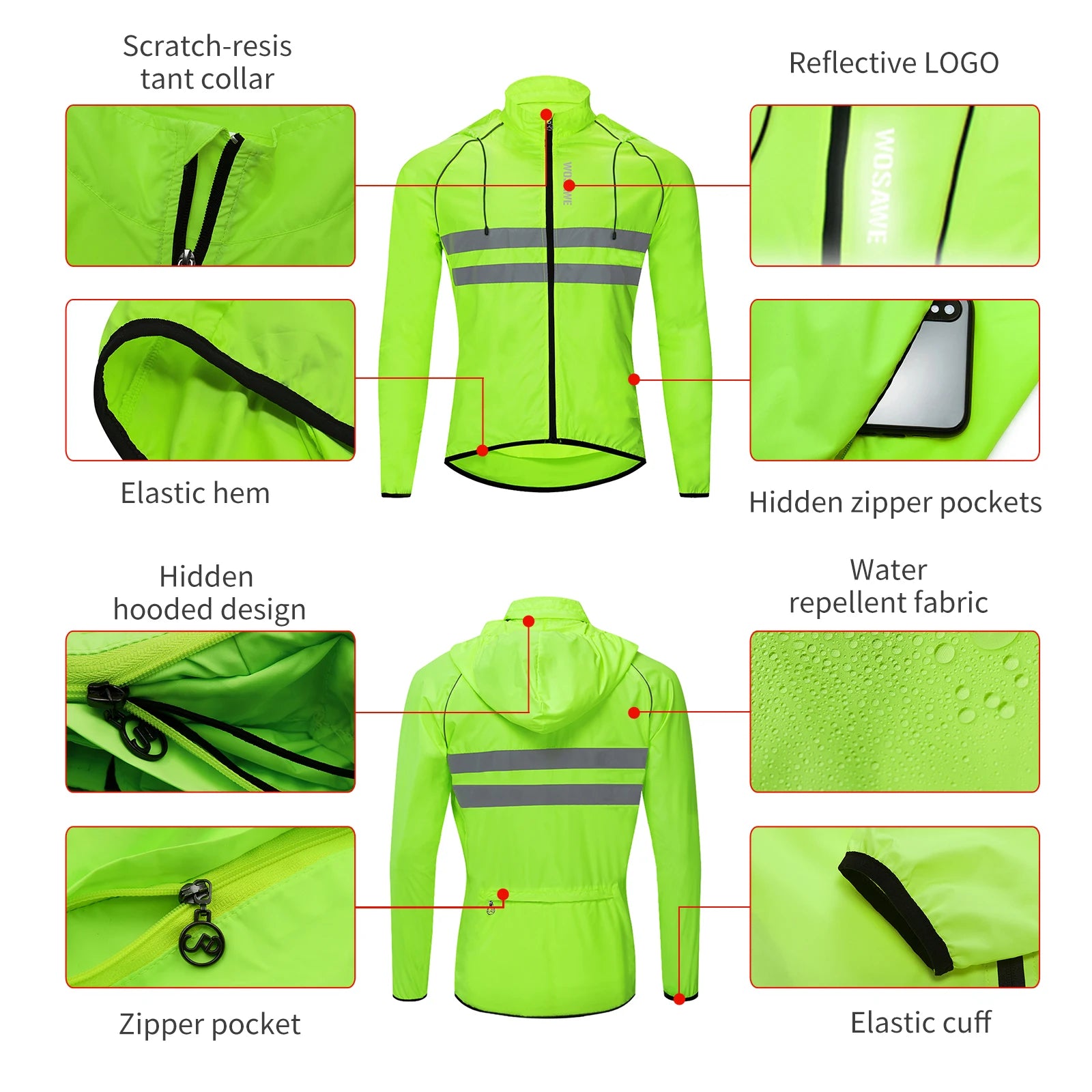 WOSAWE Ultralight Men's Cycling Windbreaker Reflective Jacket Windproof Water Resistant MTB Road Bicycle Long Jersey Wind Coat