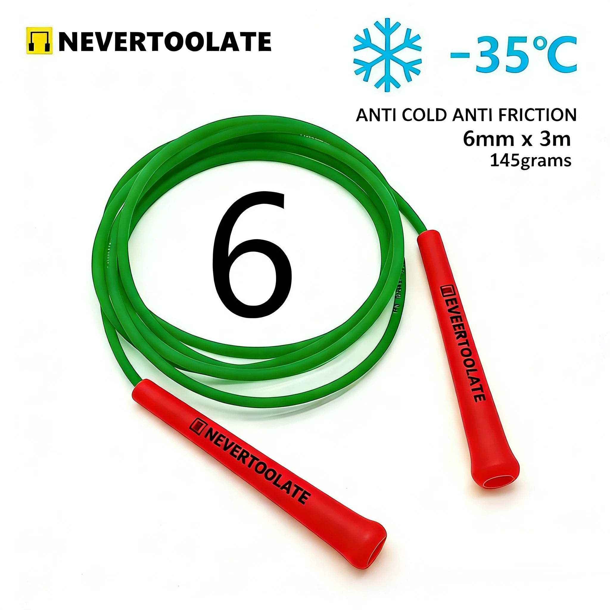 JR100-6  6 mm diameter PVC  WITH THREAD CORE skip rope 3.2 meters in between 15.5cm middle-long handle NEVERTOOLATE GOOD QUALITY