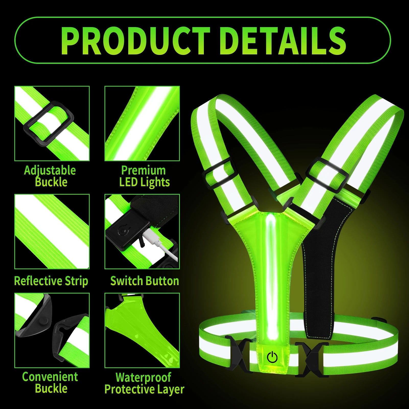 LED Night Running Vest Reflective Cycling Walking Highlight Security Vests USB Rechargeable Safety Straps for Kids Adults Biking