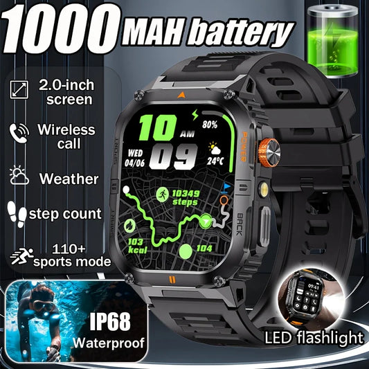 2026 1000mAh military outdoor smartwatch 2.01 inches LED flashlight IP68 waterproof Heart rate sleep Bluetooth call sport watch