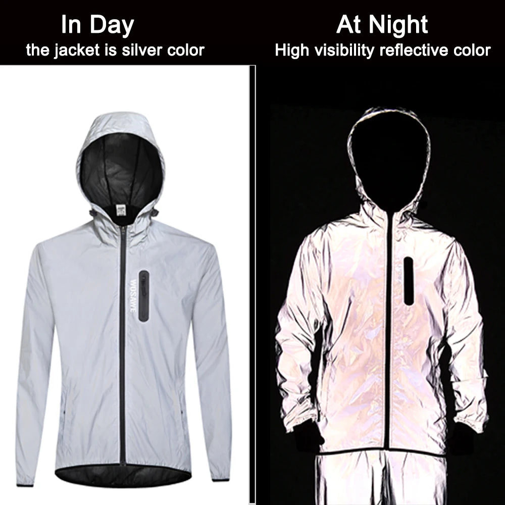 WOSAWE Men's Fully Reflective Jacket Outdoor Lightweight Windbreaker MTB Bike Hooded Rain Jacket Running Fishing Cycling Coat