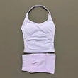 2 Pic Histello Sports Set Women Neck Halter Shockproof Longline Strappy Top Workout Scrunch Shorts Sets Fitness Clothes Gym Suit
