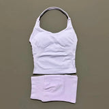 2 Pic Histello Sports Set Women Neck Halter Shockproof Longline Strappy Top Workout Scrunch Shorts Sets Fitness Clothes Gym Suit