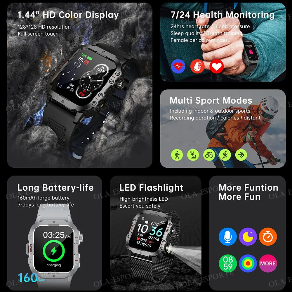 2026 New Military Smart Watch Men 3ATM Outdoor Sports Fitness Tracker Blood Pressure Health Monitoring BT Call GPS Smartwatch