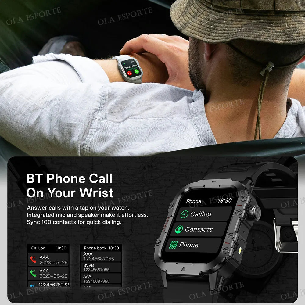 2026 New Military Smart Watch Men 3ATM Outdoor Sports Fitness Tracker Blood Pressure Health Monitoring BT Call GPS Smartwatch