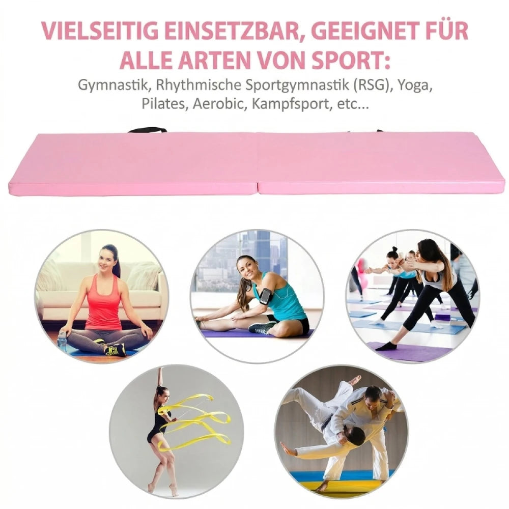 Exercise Mat Foldable Gym Mat with Handles for Yoga, Mma, Fitness, Pilates, Synthetic Cover, 180 X 60 X 5 Cm, Pink