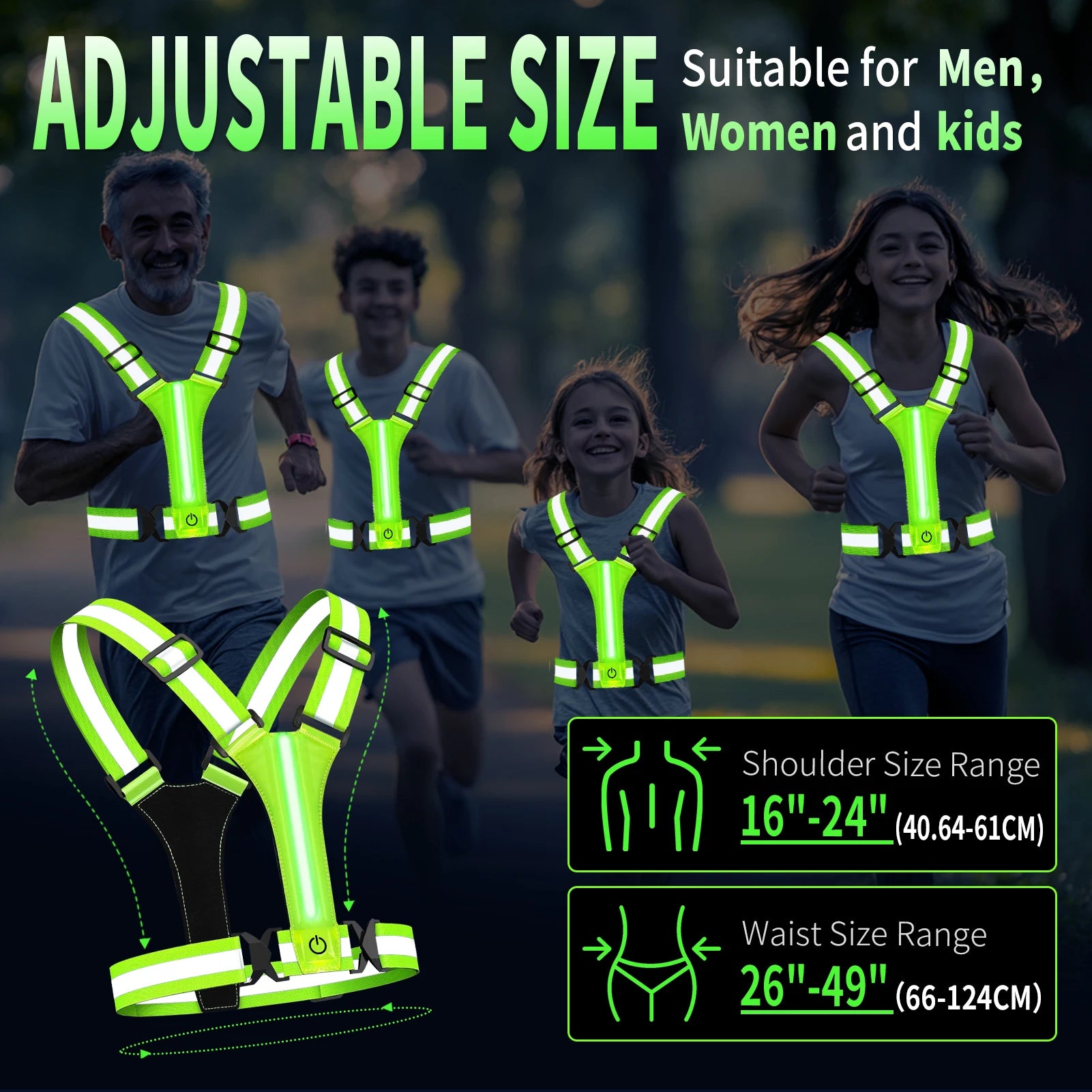 LED Night Running Vest Reflective Cycling Walking Highlight Security Vests USB Rechargeable Safety Straps for Kids Adults Biking