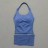2 Pic Histello Sports Set Women Neck Halter Shockproof Longline Strappy Top Workout Scrunch Shorts Sets Fitness Clothes Gym Suit