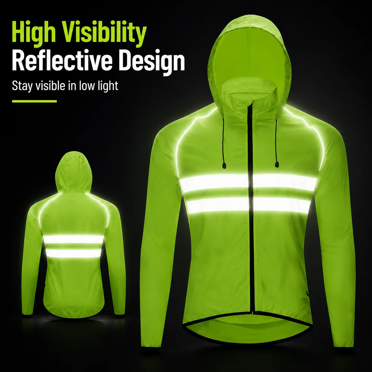 Men Cycling Jacket Reflective Hooded Windproof Water Repellent Bike Windbreaker Lightweight Packable Outdoor Coat