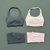 2 Pic Histello Sports Set Women Neck Halter Shockproof Longline Strappy Top Workout Scrunch Shorts Sets Fitness Clothes Gym Suit