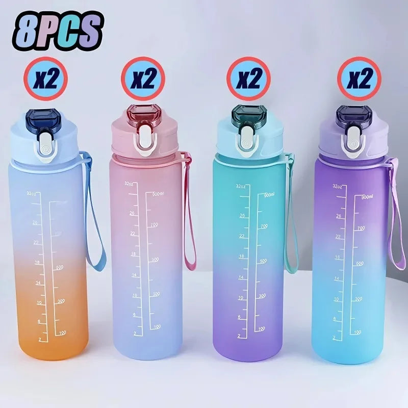 1-8pcs BPA Free Leak Proof Plastic Straw Sports Water Bottle High Quality Tour Hiking Portable  Drink Bottles with Time Marker