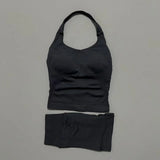 2 Pic Histello Sports Set Women Neck Halter Shockproof Longline Strappy Top Workout Scrunch Shorts Sets Fitness Clothes Gym Suit