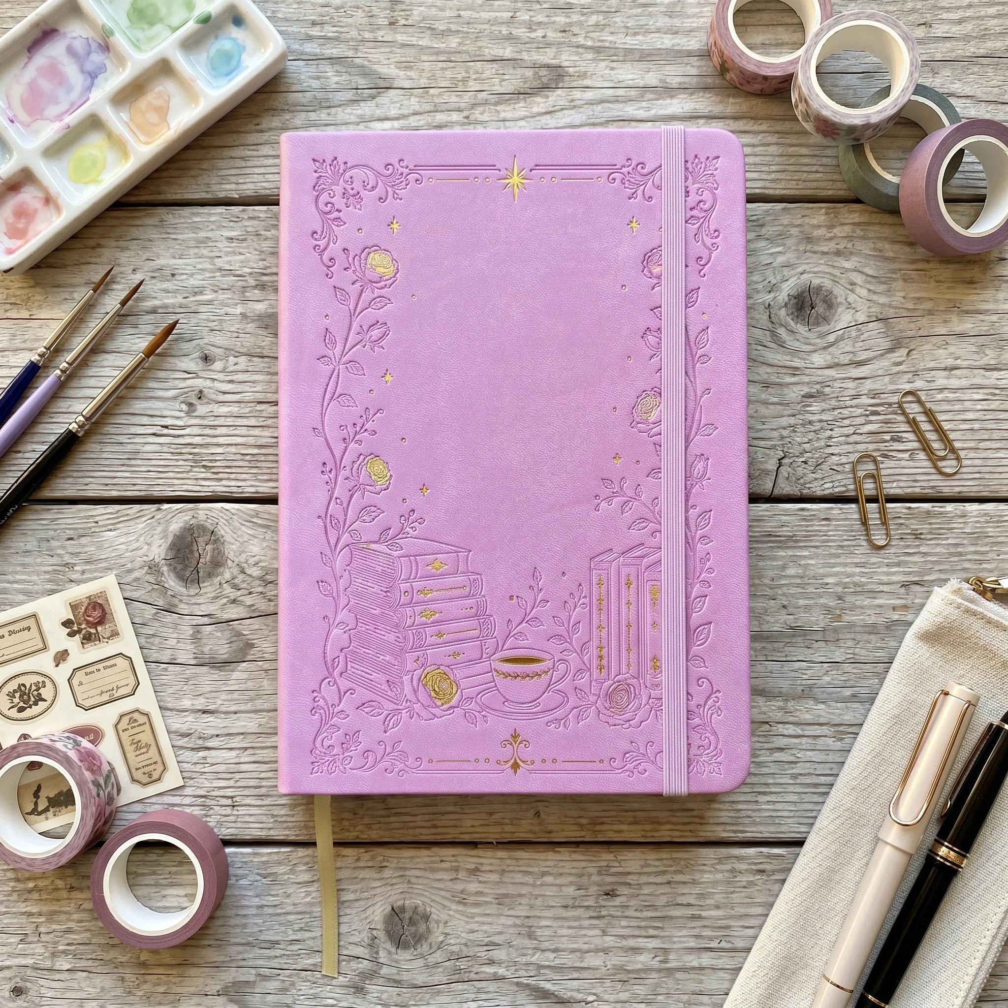 BUKE A5 Dot Grid Notebook PU Leather Cover Hardcover Floral Embossed Tea Cup Books Elegant Handwriting Journal