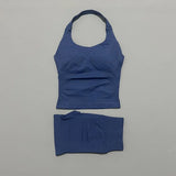 2 Pic Histello Sports Set Women Neck Halter Shockproof Longline Strappy Top Workout Scrunch Shorts Sets Fitness Clothes Gym Suit