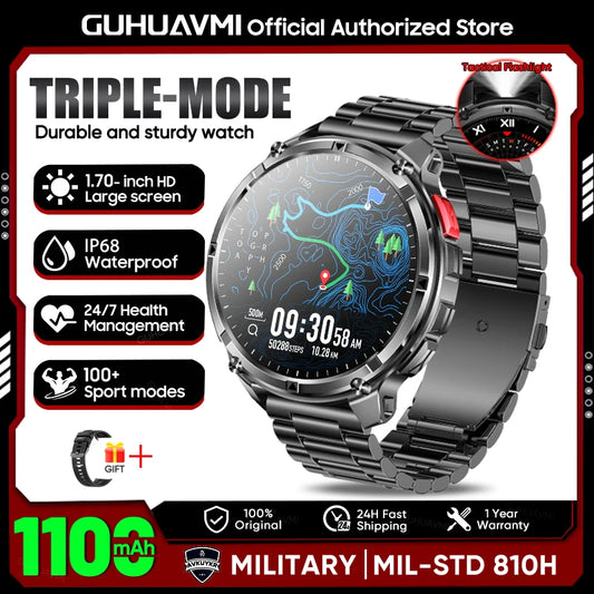 2026 Military Smart Watch Men 1100mAh Big Battery 1.7'' AMOLED Display Bluetooth Call AI Voice Assistant Heart Rate Sleep & SpO2 Monitor Bracelet IP68 Waterproof Compass Flashlight Sports Fitness Tracker Smartwatch
