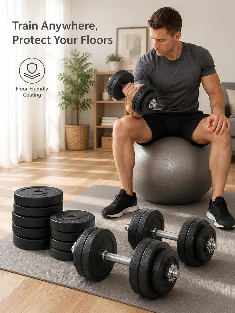 Dumbbell Set 8 x 5 kg, 4 x 1.5 kg Weight Plates with Plastic Coating, Floor-Friendly, Black, for Home Gym Full Body Workout