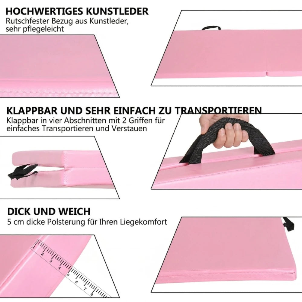 Exercise Mat Foldable Gym Mat with Handles for Yoga, Mma, Fitness, Pilates, Synthetic Cover, 180 X 60 X 5 Cm, Pink
