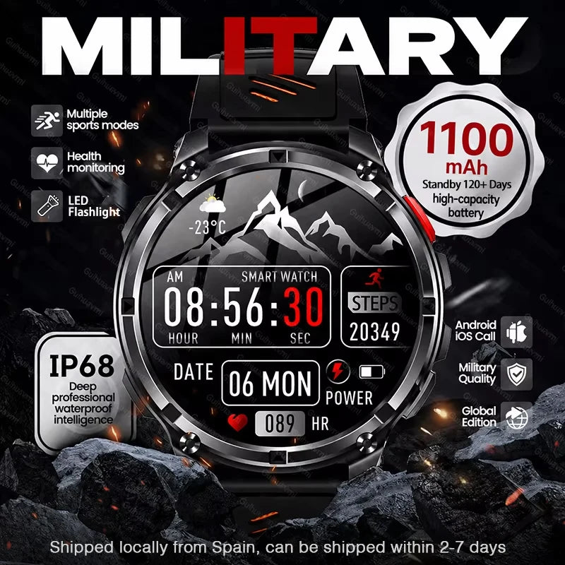 2026 Military Smart Watch Men 1100mAh Big Battery 1.7'' AMOLED Display Bluetooth Call AI Voice Assistant Heart Rate Sleep & SpO2 Monitor Bracelet IP68 Waterproof Compass Flashlight Sports Fitness Tracker Smartwatch