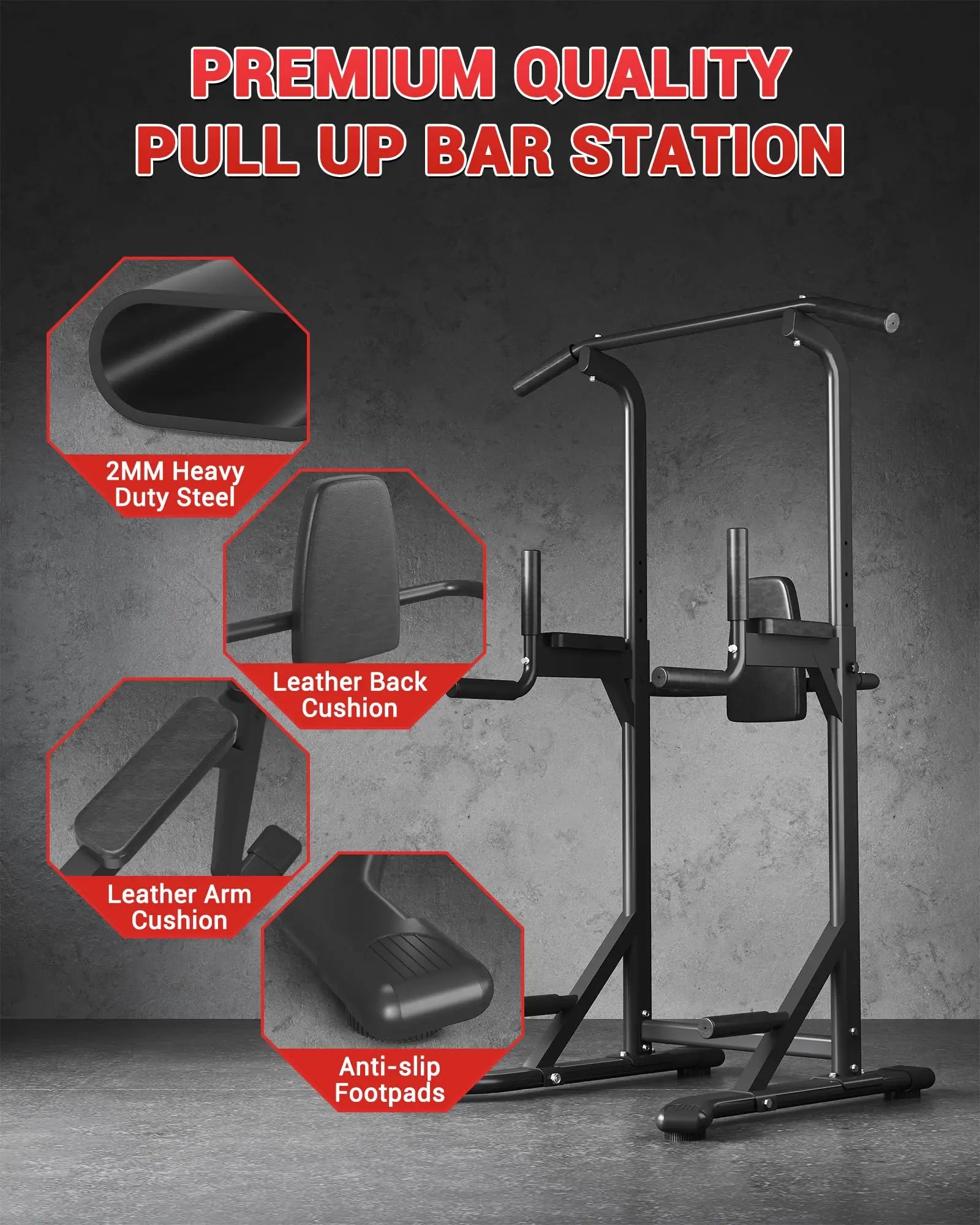 Heavy Duty Power Tower Pull Up Bar Free-Standing Dip Station 200KG Home Gym Multi-Function Strength Training Fitness Equipment