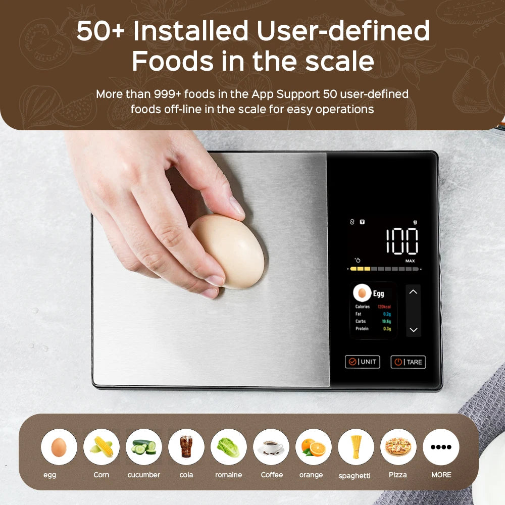 Smart Kitchen Scale Stainless Steel Food Calorie Protein Fat Carbs Nutritional Calculator 11LB/5kg Weight for Healthy Cooking