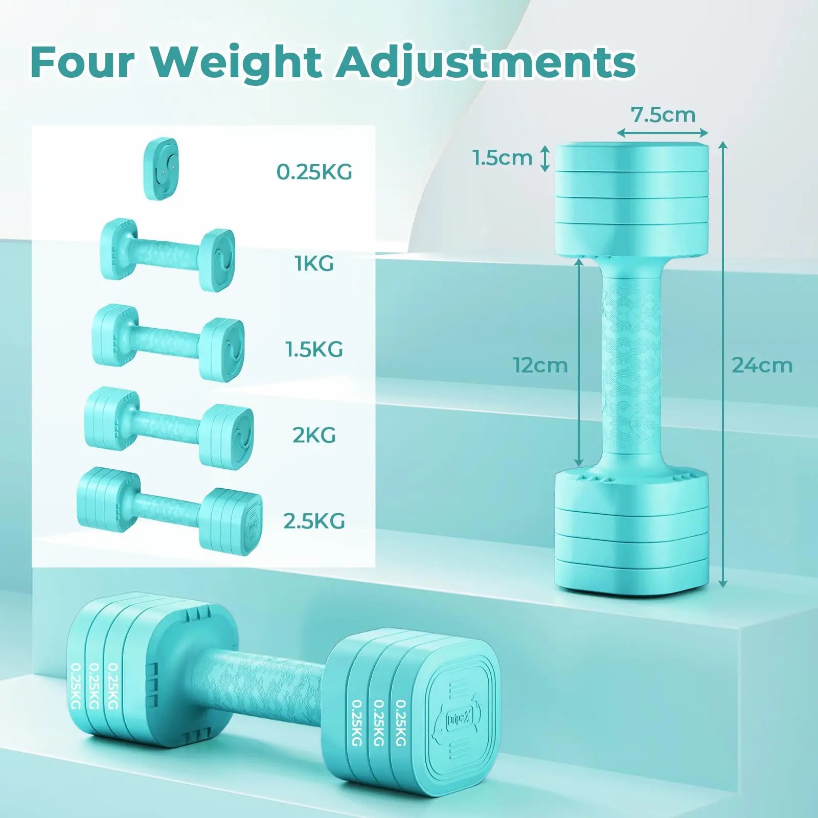 Dripex Adjustable Dumbbells Weight Set 2.5kg 5kg 10kg Dumbbell Pair 4-in-1 Weight Dumbbells Set Women Men with Non-Slip Handle