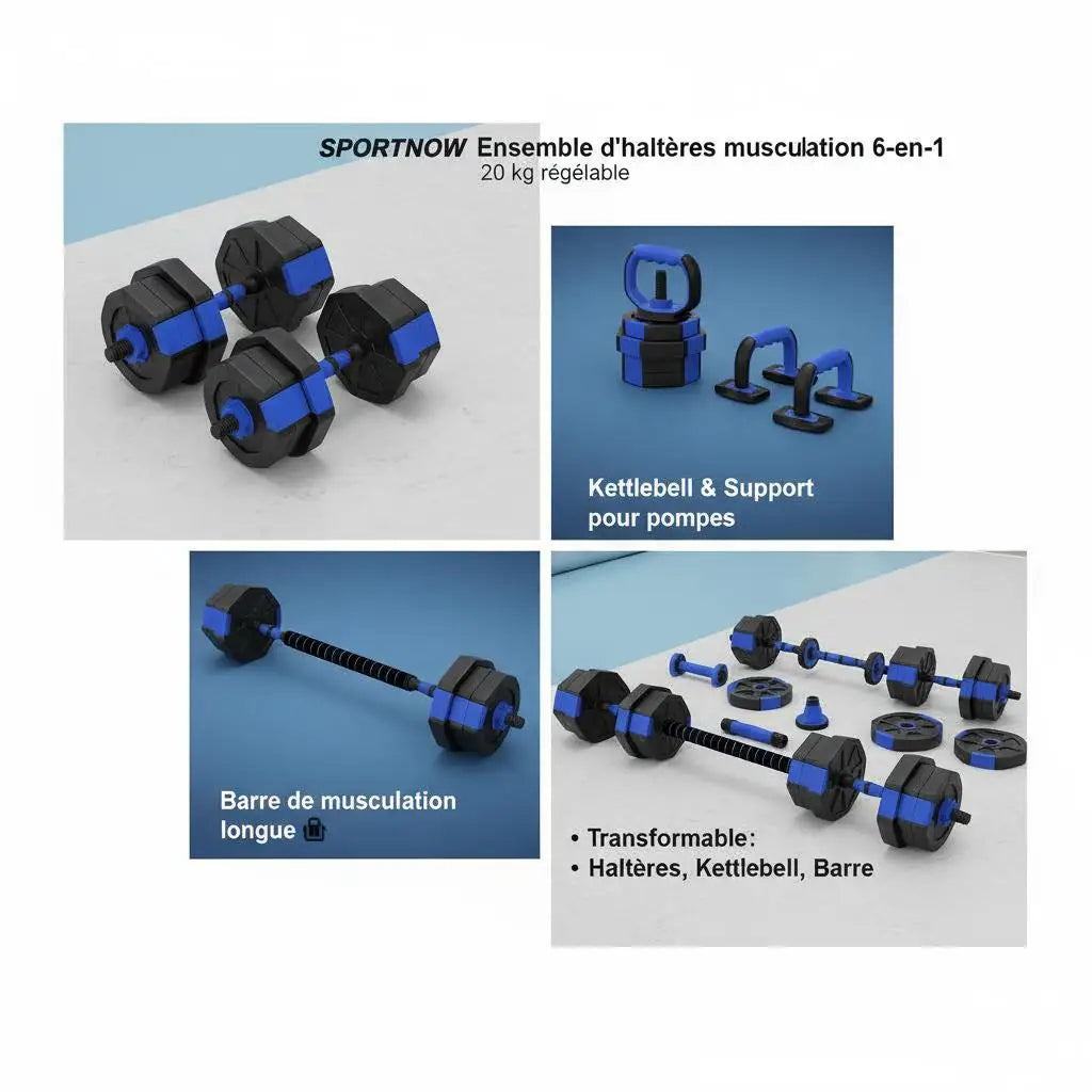 6 in 1 Adjustable Dumbbell Set 20kg to Barbell Kettlebell Push Up Support Home Gym Fitness Weight Training for Men Women