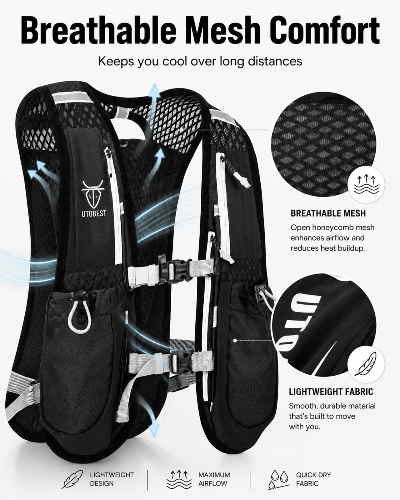 UTOBEST Trail Running Backpack 5L Ultra Lightweight Hydration Vest Breathable Functional Pack for Marathon Cycling Hiking