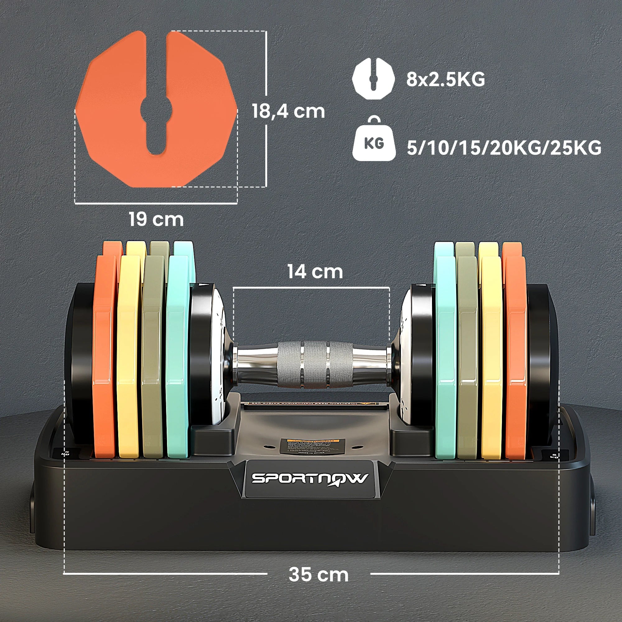 Sportnow 5 in 1 Adjustable Dumbbell, 5-25 Kg, with Non-Slip Base and Handle, Weights for Home Gym