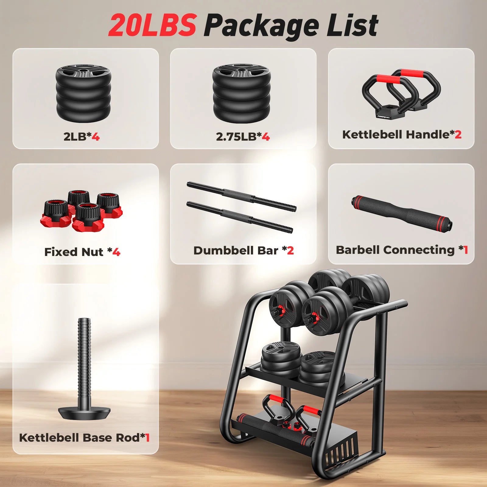 FEIERDUN 9-20kg Adjustable Dumbbells 2er Set, 5-in-1 Barbell, Kettlebell, Push-up Stand, Full Body Strength Training