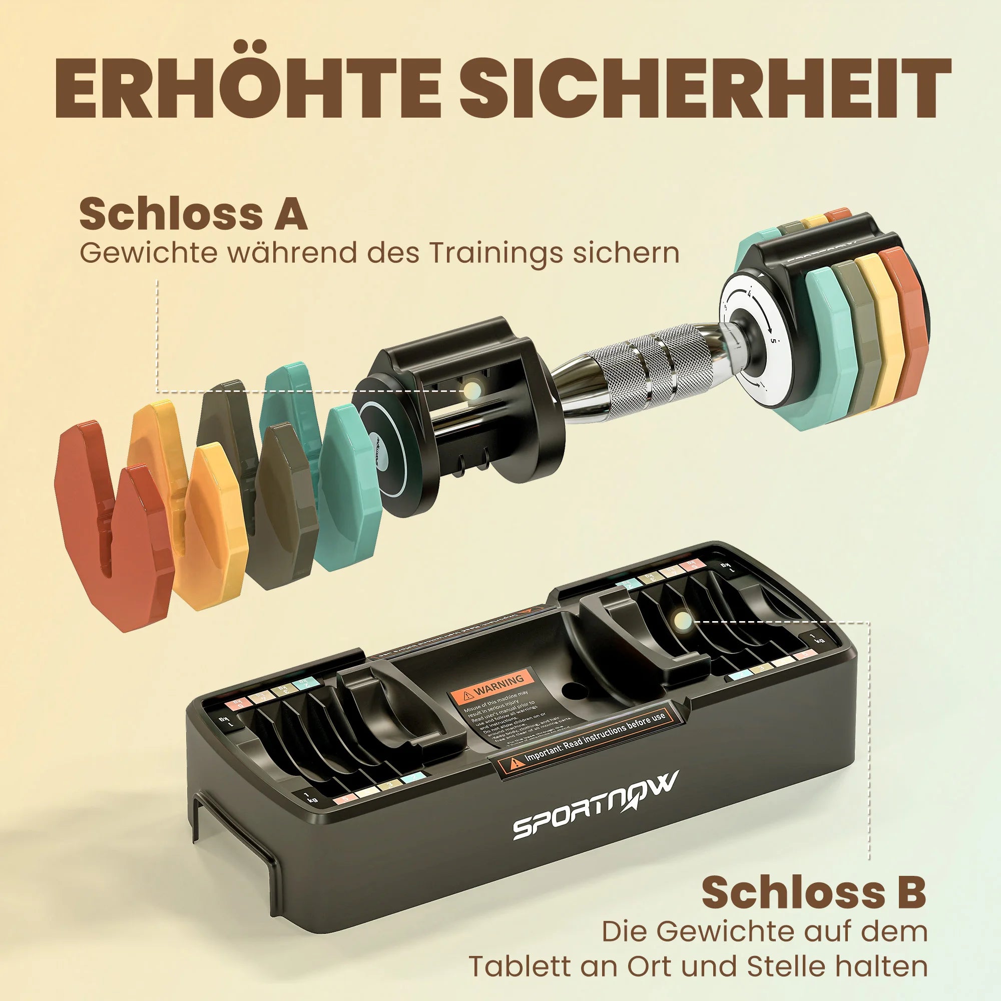 Adjustable dumbbell set, 1-5 kg dambbells, with quick-adjust storage area, non-briefs hand to save space