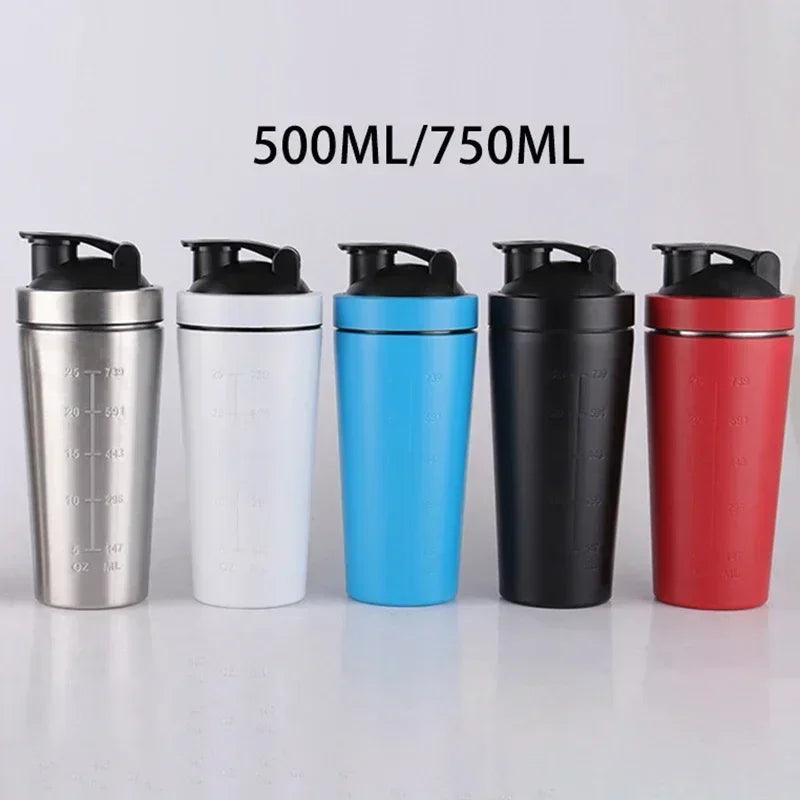 Protein Powder Shaker Bottle 500/750ml Leak Proof Water Bottle for Gym Fitness Sport Whey Shakes Cup with Scale Stainless Steel