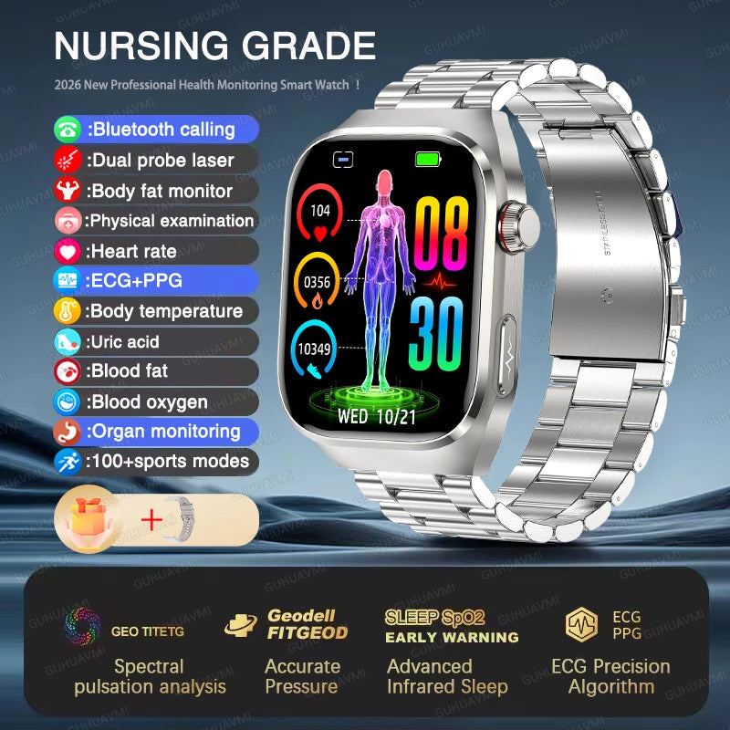 New ECG Smart Watch Men Women, Health Diagnosis, Organ Monitoring, Body Analysis, Blood Pressure, Blood Oxygen, Blood Fat, Uric Acid, Temperature Monitor, Bluetooth Call, Waterproof Fitness Tracker, Sports Smartwatch
