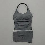 2 Pic Histello Sports Set Women Neck Halter Shockproof Longline Strappy Top Workout Scrunch Shorts Sets Fitness Clothes Gym Suit