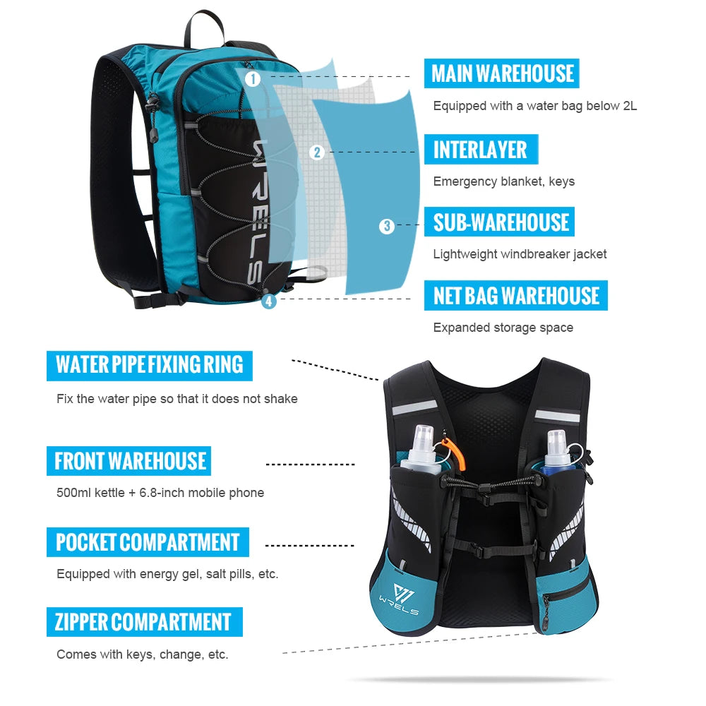 WRELS 8L Running Hydration Vest Backpack Trail Racing Marathon Hiking Fitness Bag Ultralight Backpack Hydration Vest Pack