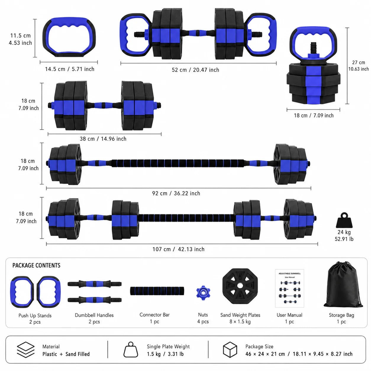 6-in-1 Adjustable Dumbbell Set, Plastic and Sand Filled Kettlebell Barbell Push Up Stand, Home Gym Fitness Equipment for Strength Training, Biceps Squats Lunges, Blue