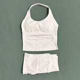 2 Pic Histello Sports Set Women Neck Halter Shockproof Longline Strappy Top Workout Scrunch Shorts Sets Fitness Clothes Gym Suit