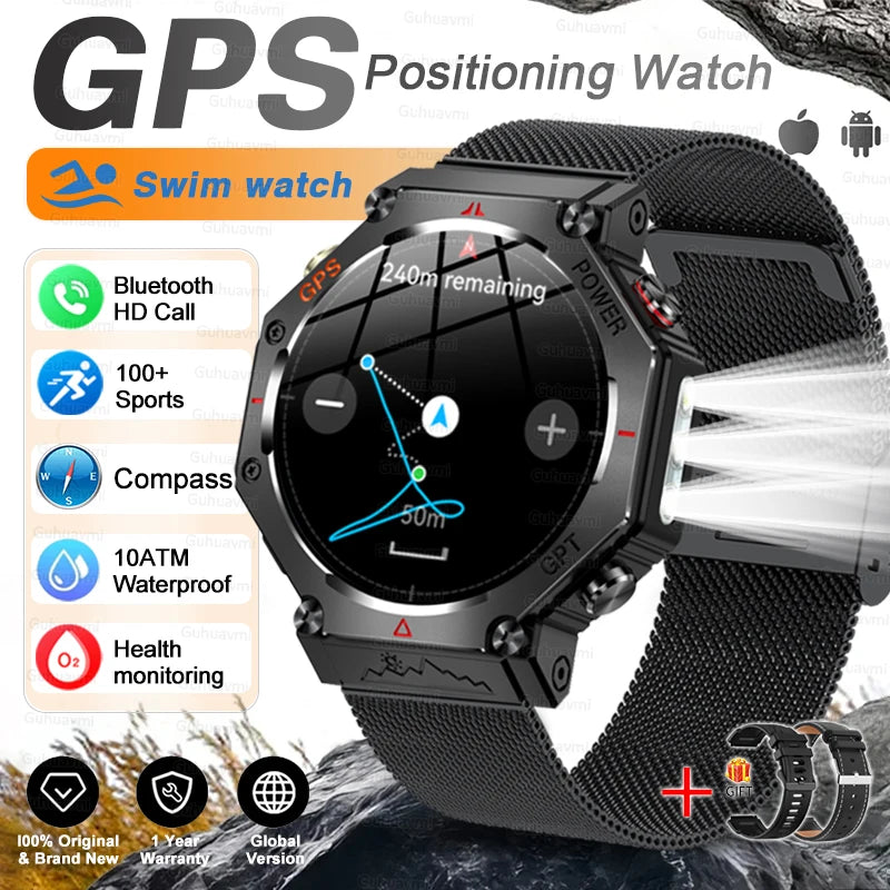 GPS New Titanium alloy Smart Watch AMOLED 10ATM Waterproof Compass Tactics Flashlight Voice Call Sport Men Fitness Swim Bracelet