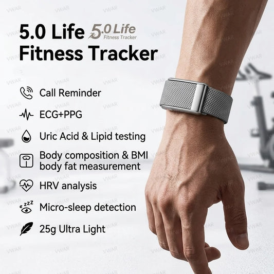 5.0 MG Sport Fitness Tracker Ultra-Light Blood Oxygen Pressure Uric Acid Blood Lipid ECG Smart Bracelet Band For Men Women