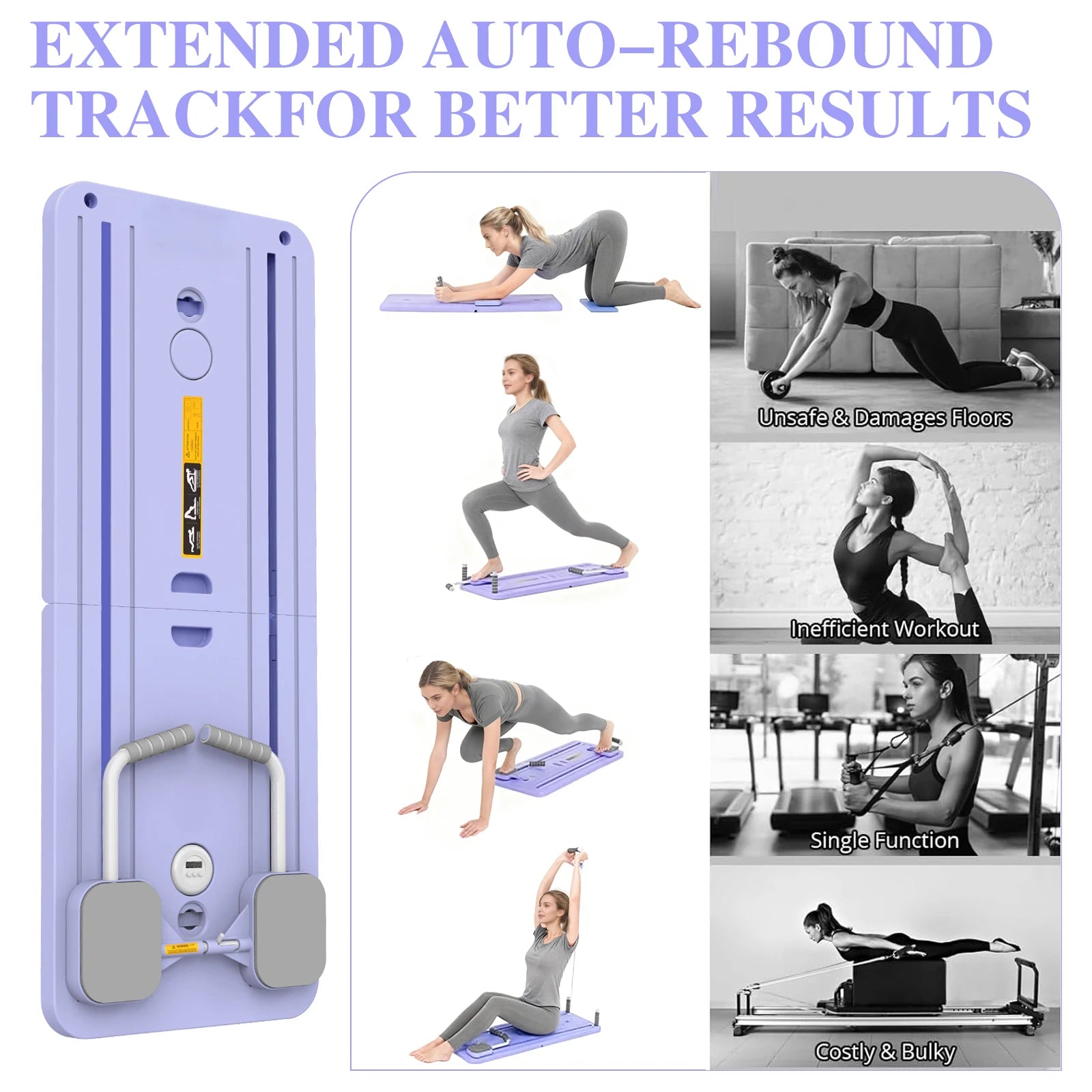 Multi-functional Pilates Board Automatic Rebound Abdominal Exercise Equipment Foldable Fitness Push Up Board with Resistance Bands EVA Elbow Pad Phone Holder for Home Office Full Body Core Workout Max 100kg
