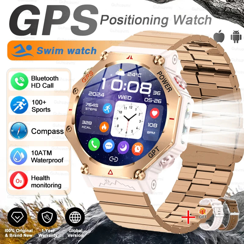 GPS New Titanium alloy Smart Watch AMOLED 10ATM Waterproof Compass Tactics Flashlight Voice Call Sport Men Fitness Swim Bracelet