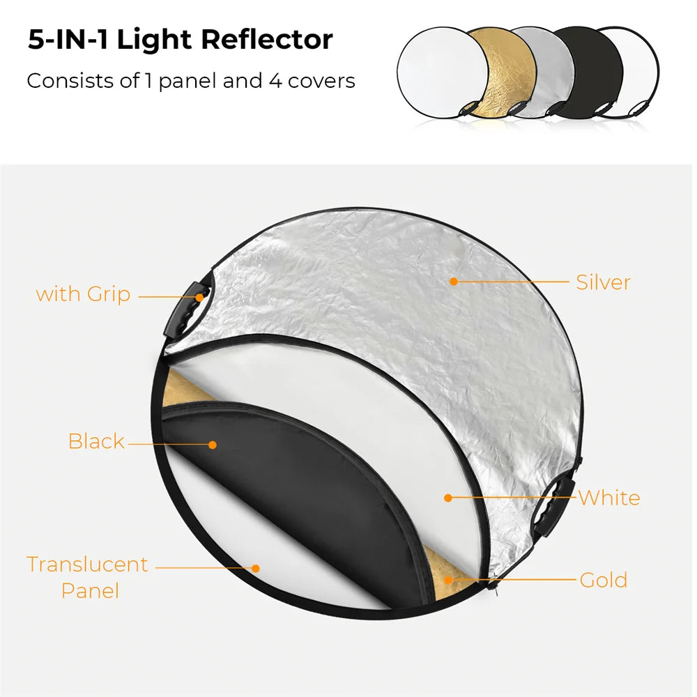 K&F CONCEPT 5-in-1 Light Reflector with Handle Photography Light Blocking Photography Tent Circular Reflector Translucent Panel