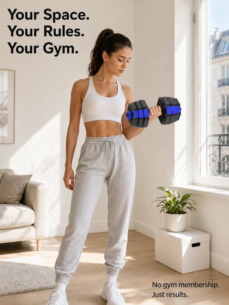 6-in-1 Adjustable Dumbbell Set, Plastic and Sand Filled Kettlebell Barbell Push Up Stand, Home Gym Fitness Equipment for Strength Training, Biceps Squats Lunges, Blue