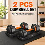 2 adjustable dumbbells of 25kg/55LB, suitable for home workouts, fitness equipment, equipped with a QuickLock system for arm and muscle training