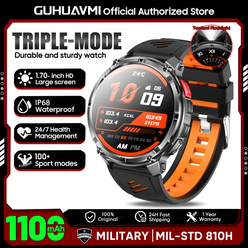 2026 Military Smart Watch Men 1100mAh Big Battery 1.7'' AMOLED Display Bluetooth Call AI Voice Assistant Heart Rate Sleep & SpO2 Monitor Bracelet IP68 Waterproof Compass Flashlight Sports Fitness Tracker Smartwatch