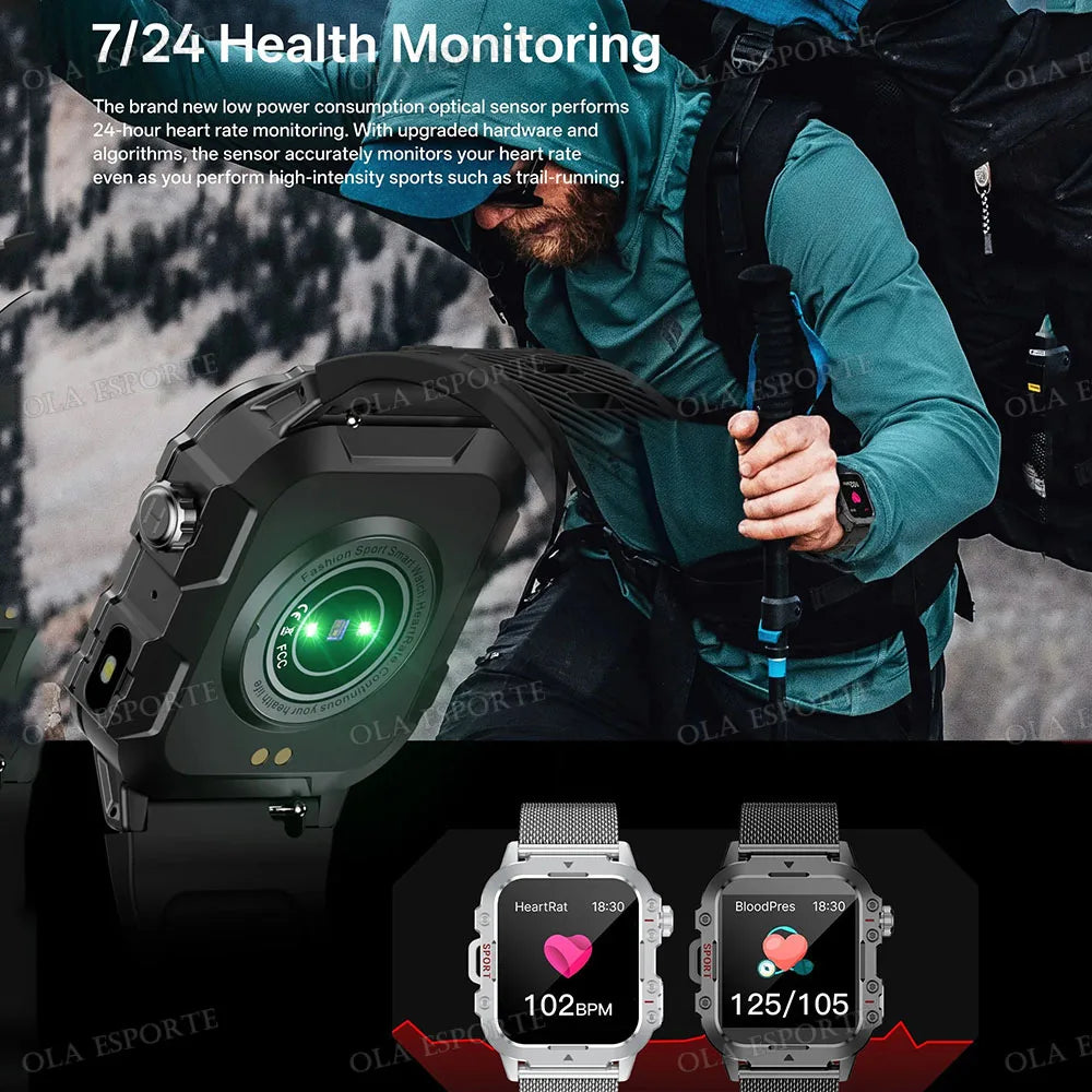 2026 New Military Smart Watch Men 3ATM Outdoor Sports Fitness Tracker Blood Pressure Health Monitoring BT Call GPS Smartwatch